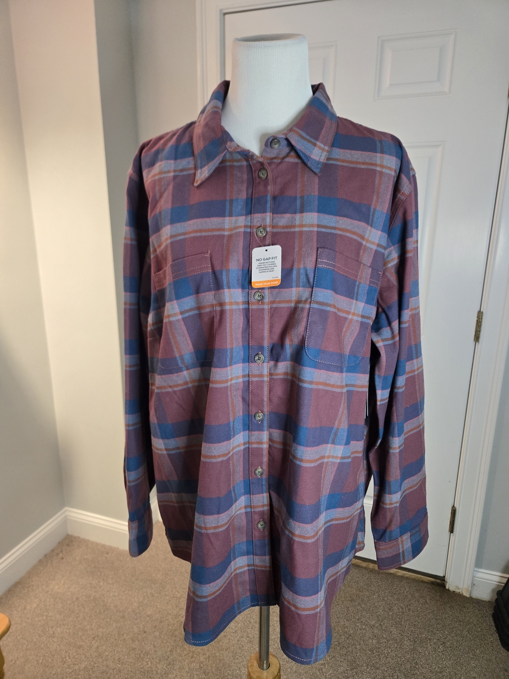 Womans Plaid Button-Up Shirt in Mauve and Blue